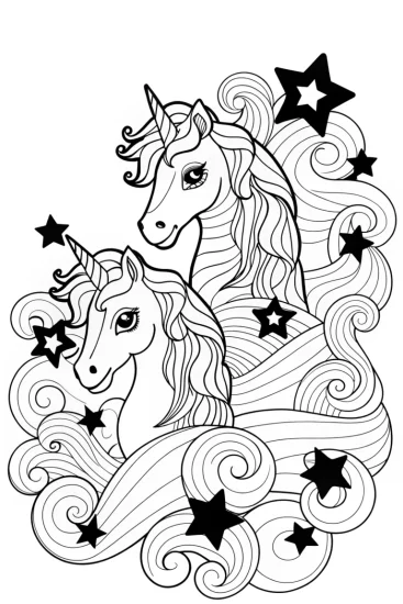 A coloring page of Unicorns at the cosmic paint festival