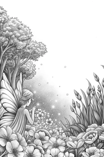 A coloring page of Fairy tending a magical garden