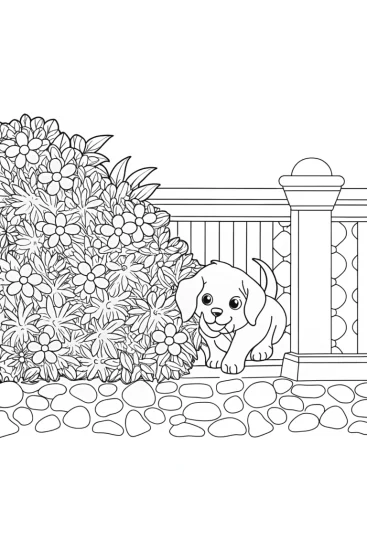 A coloring page of Puppy playing hide and seek