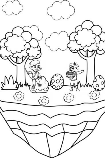 A coloring page of Easter expedition on a floating island