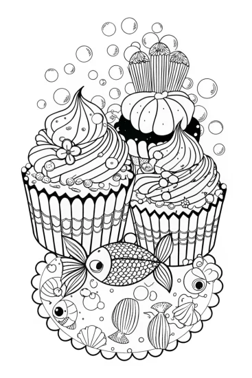 A coloring page of Cupcake Chic underwater mural