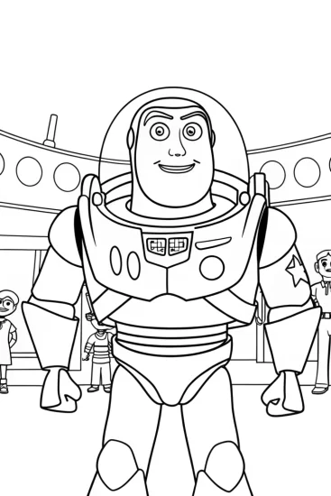 A coloring page of Buzz Lightyear at the science fair
