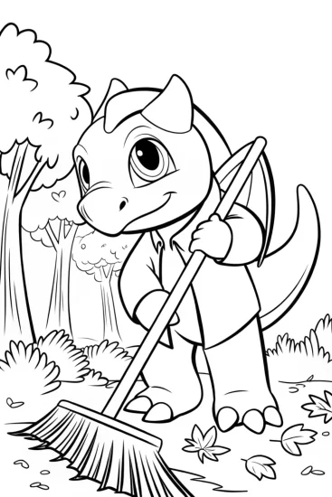 A coloring page of Charizard cleaning up the forest