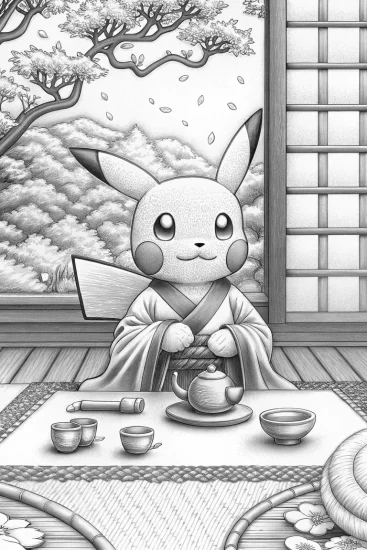 A coloring page of Pikachu’s celestial tea ceremony