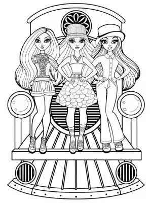 Bratz dolls on a fashion train coloring pages