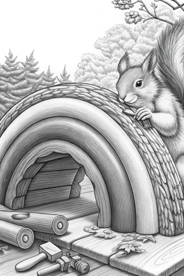 A coloring page of Squirrel building a rainbow bridge