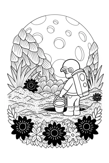 A coloring page of Bowser gardening on an alien planet
