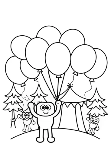 A coloring page of Huggy Wuggy’s balloon festival