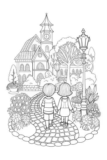 A coloring page of Kids exploring a garden city