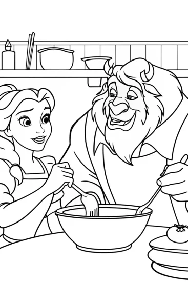 A coloring page of Belle and Beast cooking together