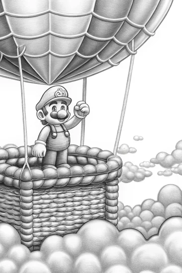 A coloring page of Mario on a balloon cloud