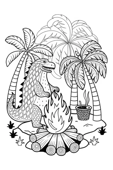 A coloring page of Godzilla’s beach bonfire party