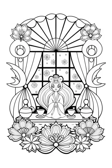 A coloring page of Ninetales tea ceremony