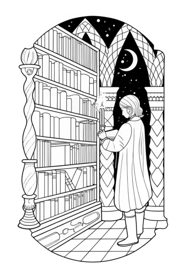 A coloring page of Creeper exploring a magical library