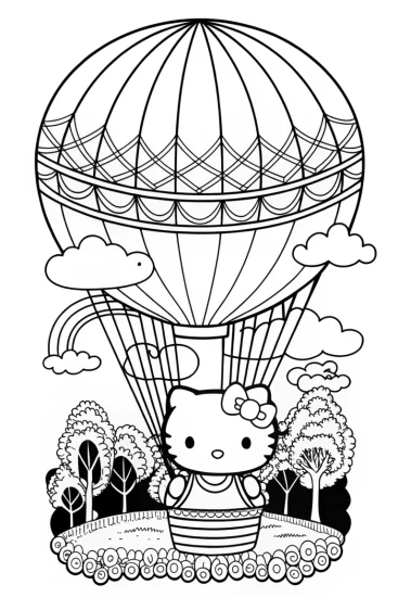 A coloring page of Hello Kitty’s balloon adventure