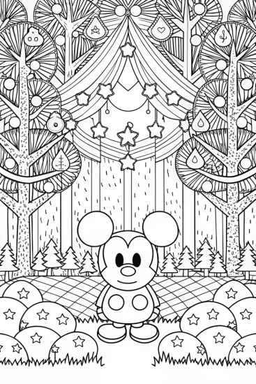 A coloring page of Mickey Mouse’s enchanted forest festival