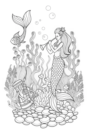 A coloring page of Barbie conducting an underwater orchestra