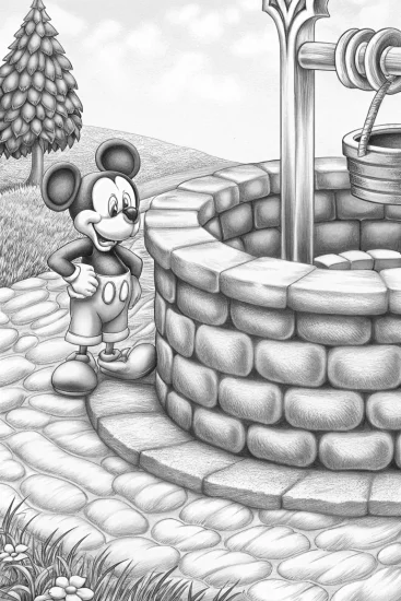 A coloring page of Mickey Mouse at the wishing well