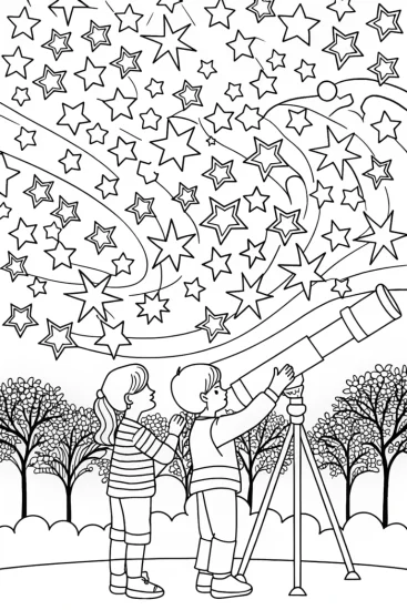 A coloring page of Children exploring the night sky