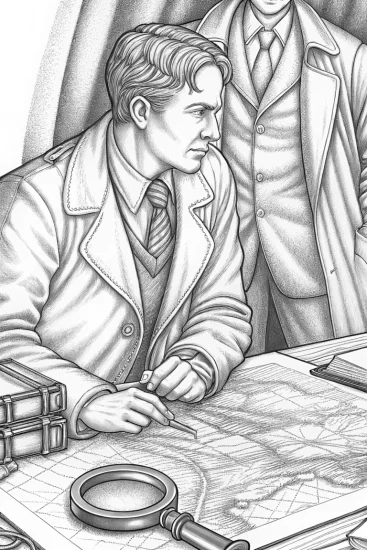 A coloring page of Captain Barnacles detective scene