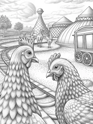 Chickens leading a time travel tour coloring pages
