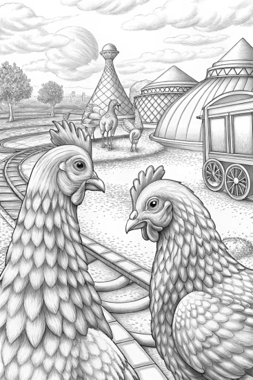 A coloring page of Chickens leading a time travel tour