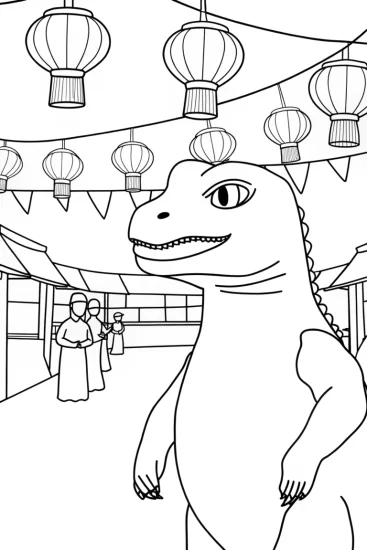 A coloring page of Godzilla at the lantern festival