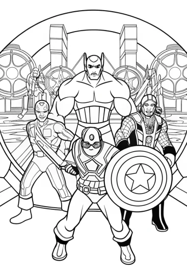 A coloring page of Avengers at the Quantum Time Fair