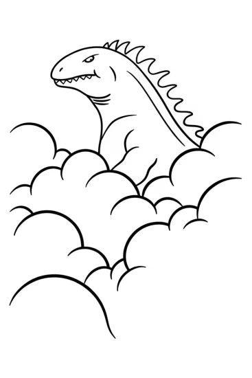 A coloring page of Godzilla cloud adventure