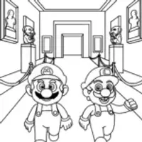 Mario and Luigi racing in an art gallery