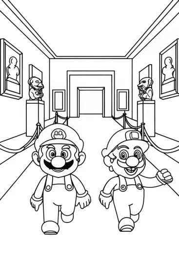 A coloring page of Mario and Luigi racing in an art gallery