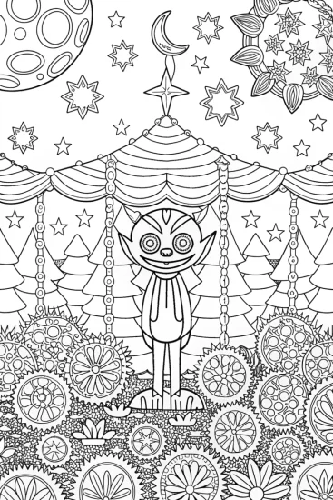 A coloring page of Huggy Wuggy in a cosmic garden