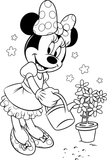 A coloring page of Minnie Mouse planting stardust flowers