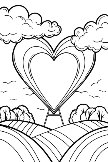 A coloring page of Heart-shaped harvest in the sky