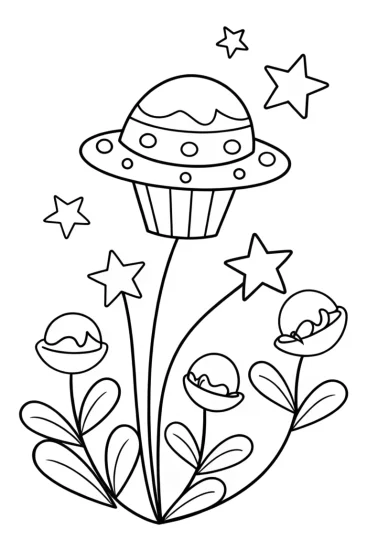 A coloring page of Cupcake Chic in space garden