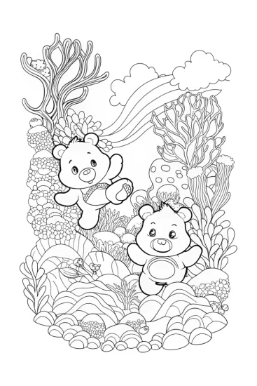 A coloring page of Care Bears underwater adventure