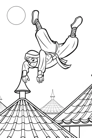 A coloring page of Ninja flipping on circus rooftops