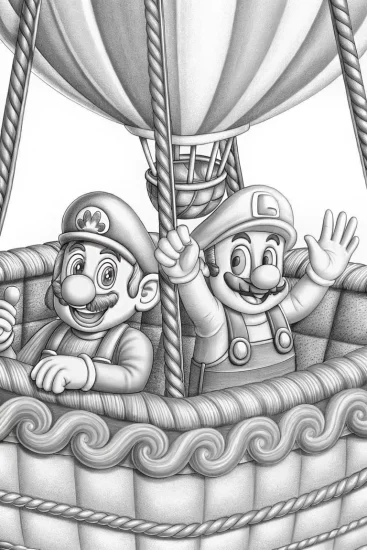 A coloring page of Mario and Luigi in a hot air balloon