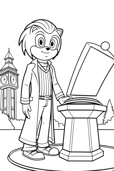 A coloring page of Sonic opening a time capsule