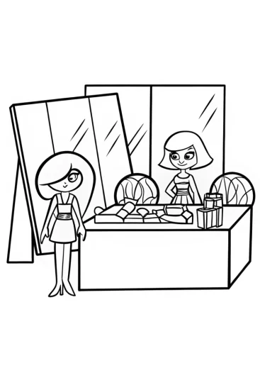 A coloring page of Bratz dolls in a fashion lab