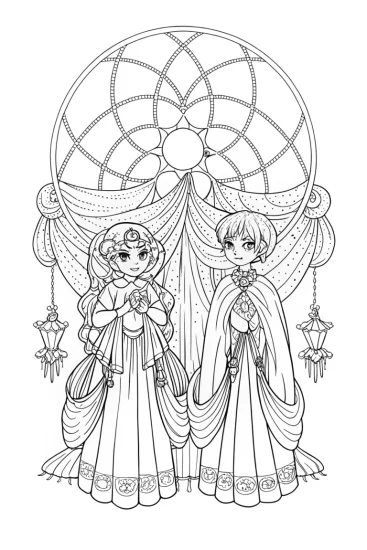 A coloring page of Anime dream weavers crafting tapestries