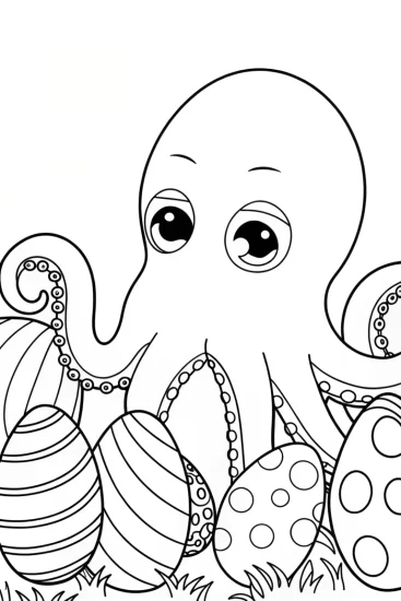 A coloring page of Octopus decorating Easter eggs