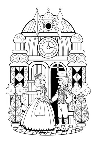 A coloring page of Chick’s time-traveling tea party