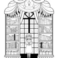 Lucy in a whimsical bookstore