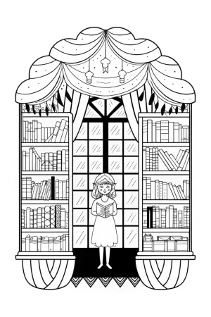 Lucy in a whimsical bookstore coloring pages