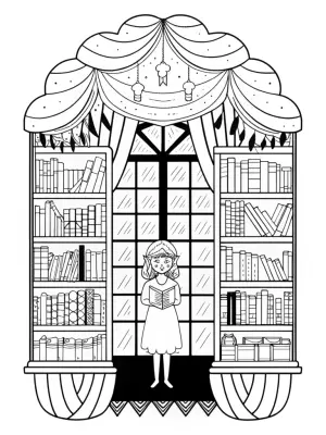 Lucy in a whimsical bookstore coloring pages