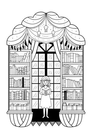A coloring page of Lucy in a whimsical bookstore