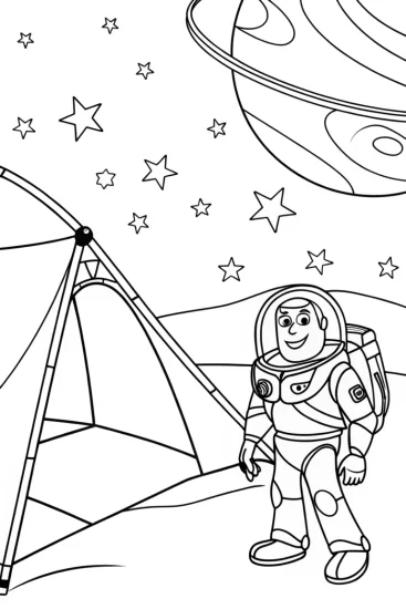 A coloring page of Buzz Lightyear camping in space
