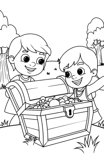 A coloring page of Kids discovering a time capsule