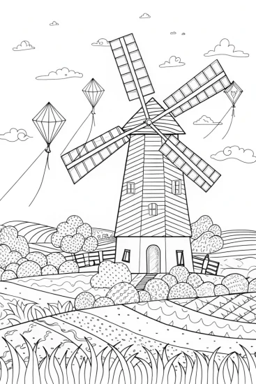 A coloring page of Kite festival at the windmill